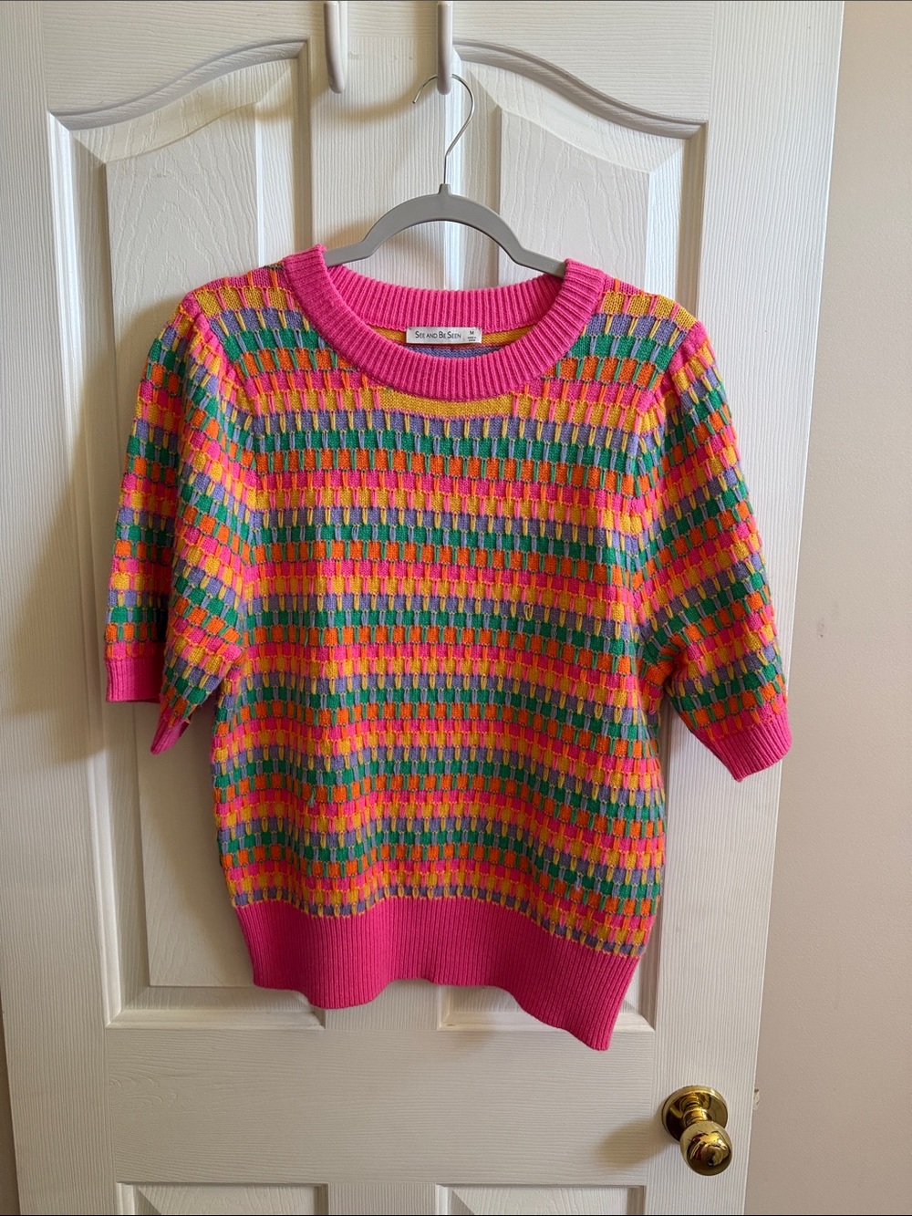 🌸 See and Be Seen: Bright Pink Multi-Color Short Sleeve Knit Sweater